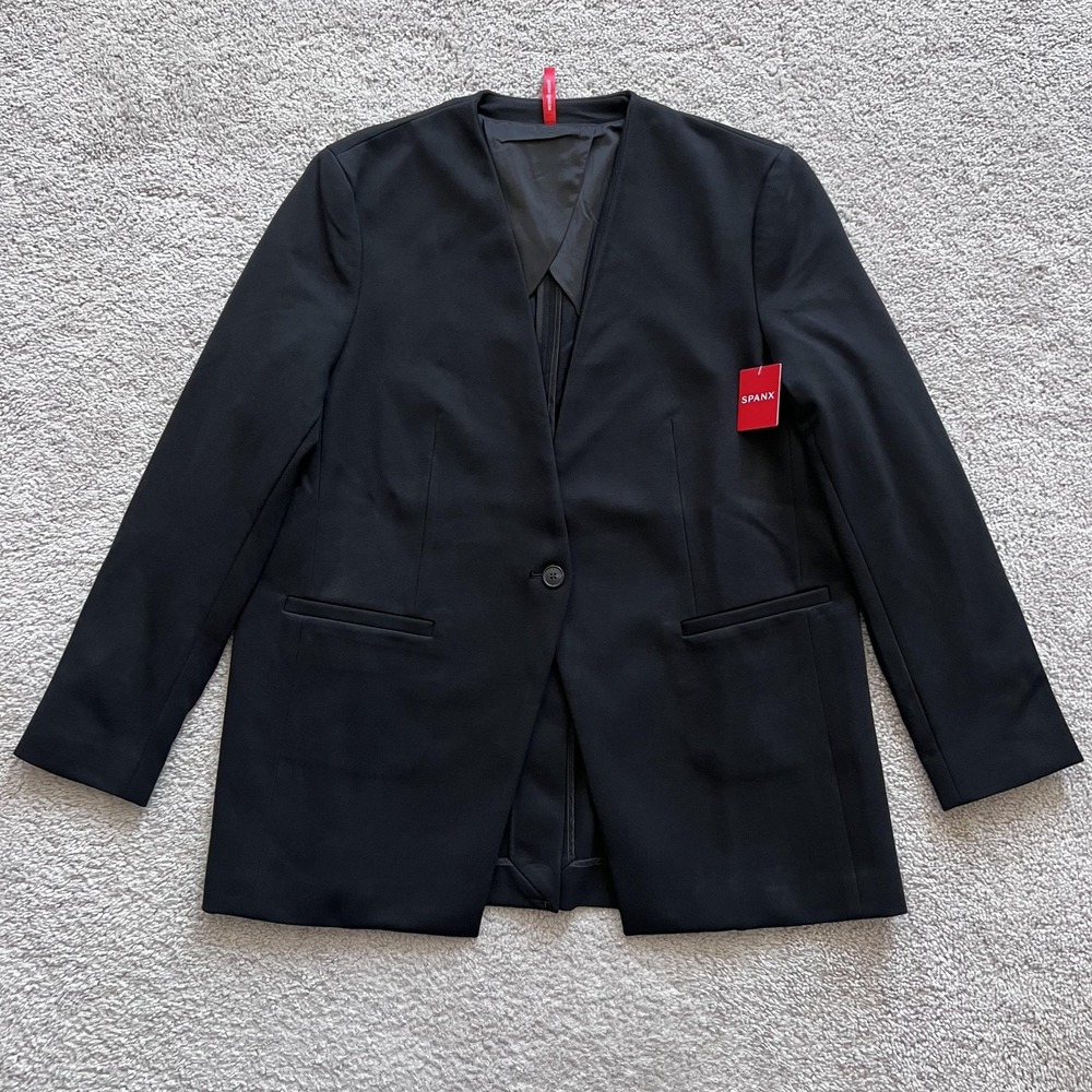 Spanx Perf Collarless Blazer Womens L Black Stretch Lined Jacket Suit Office